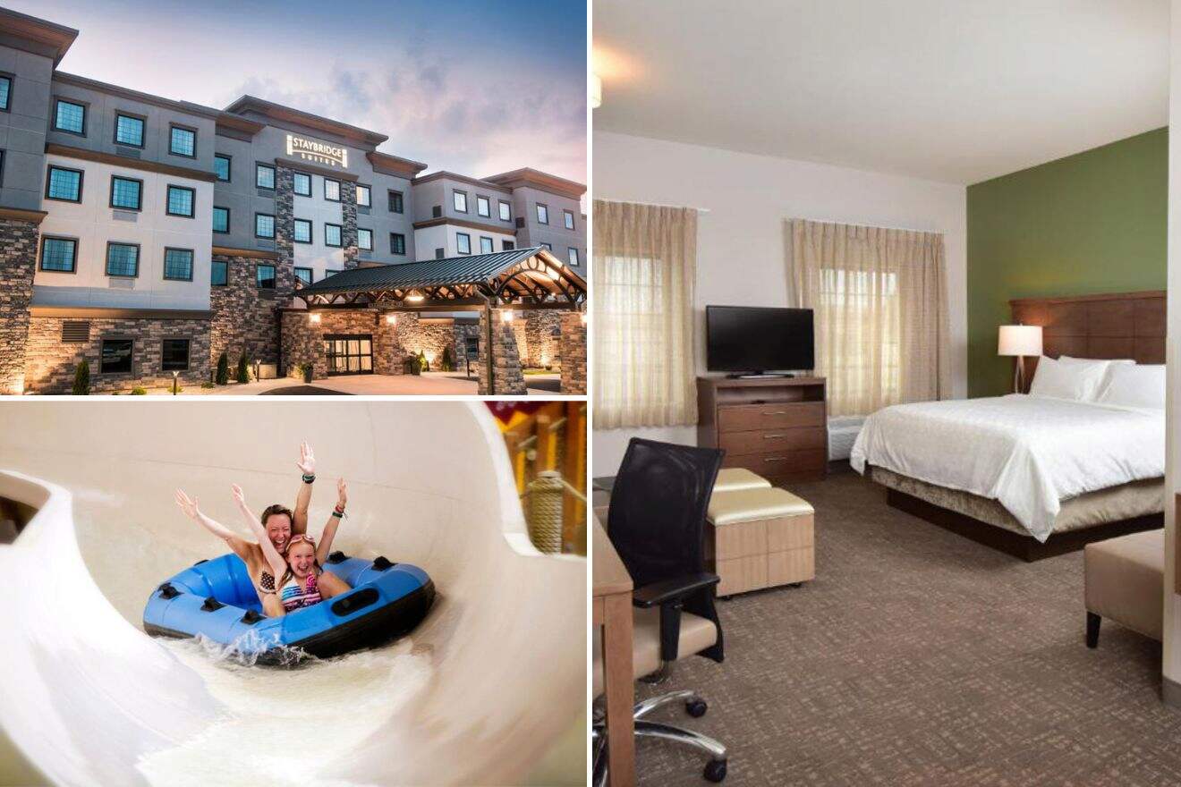 Collage of three hotel pictures: hotel exterior, people on a waterslide and bedroom