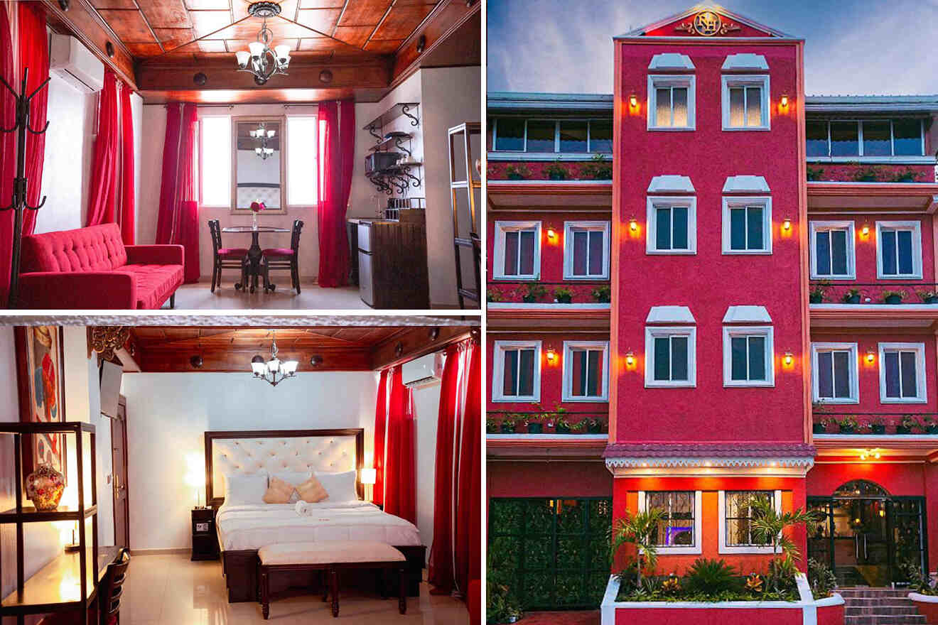 collage of 3 images with: a bedroom, living room and exterior of the hotel
