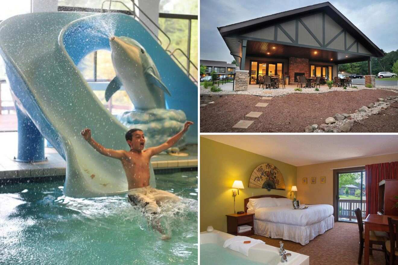 Collage of three hotel pictures: a kid going down on a waterslide, hotel exterior, and bedroom with jacuzzi