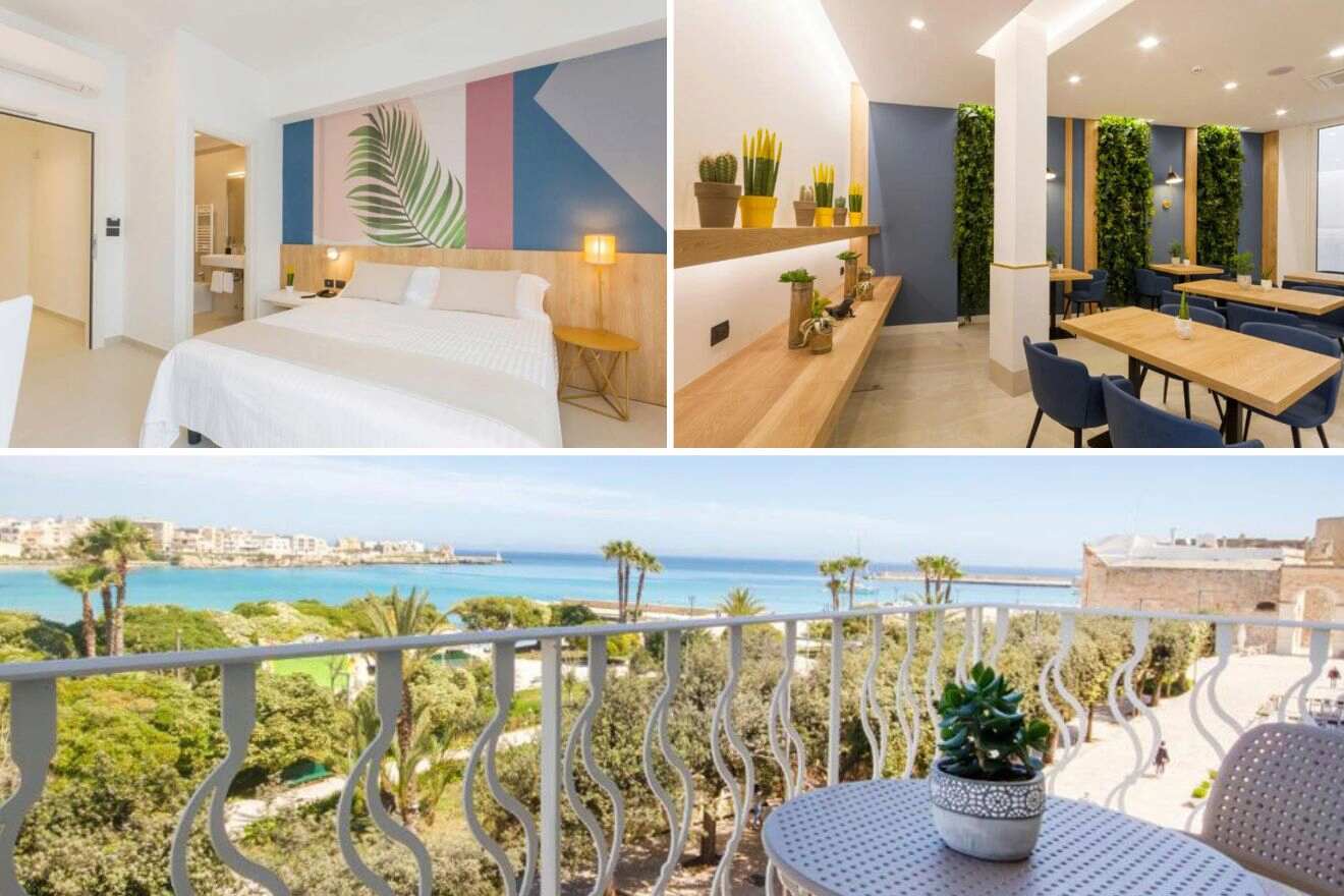 collage of 3 images with: bedroom, dining area, lounge on the terrace with a view over the sea