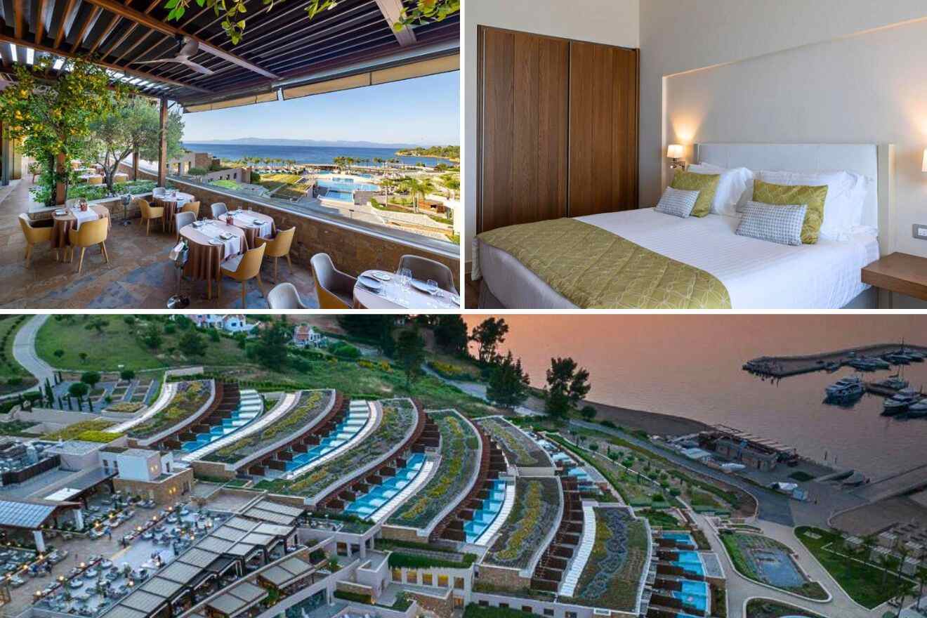 collage of 3 images with: aerial view over the resort, bedroom and restaurant on the terrace