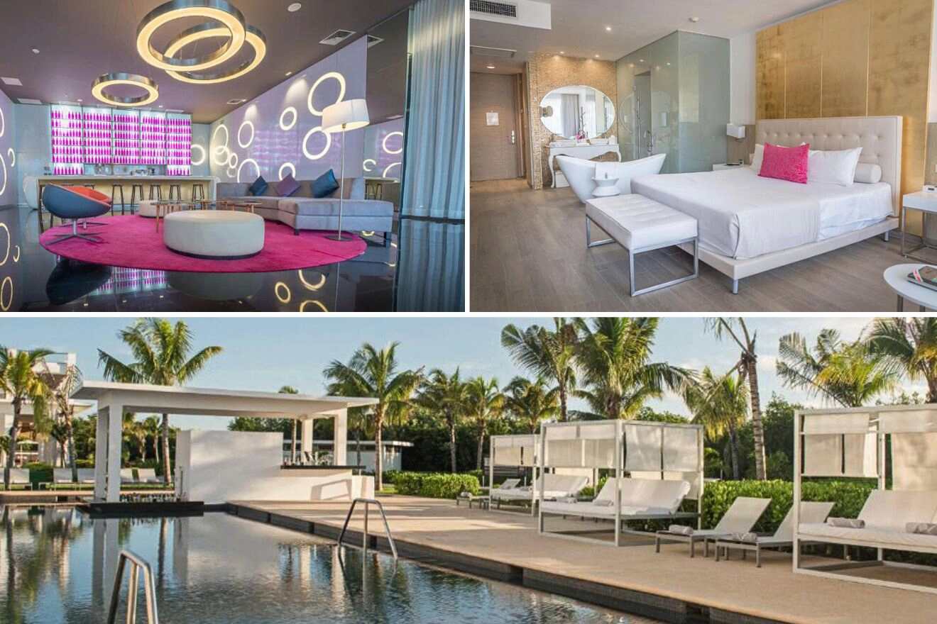 collage of 3 images with: bedroom, lounge and pool area