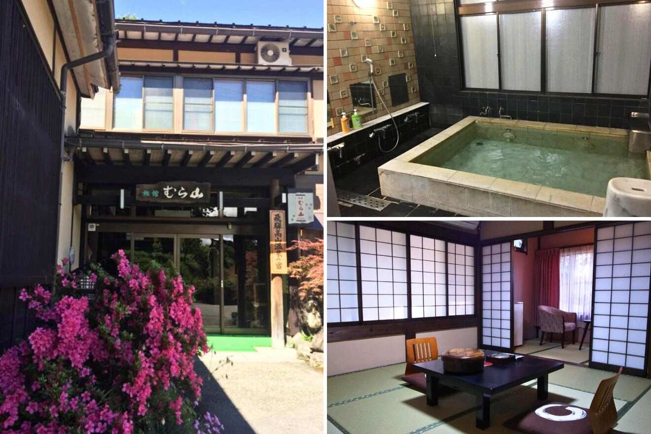 collage of 3 images with: ryokan building, private onsen and japanese bedroom