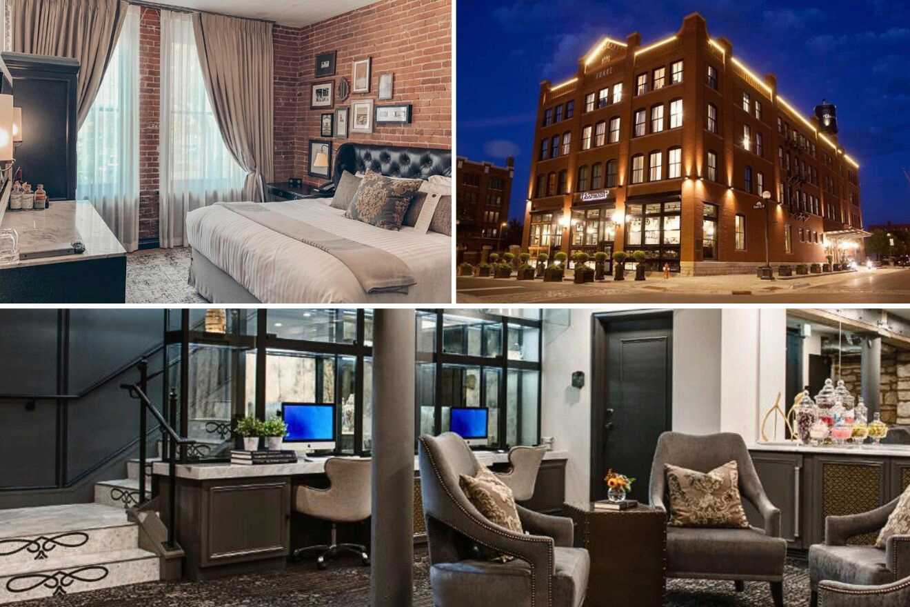 collage of 3 images with: a bedroom, lounge and hotel's building
