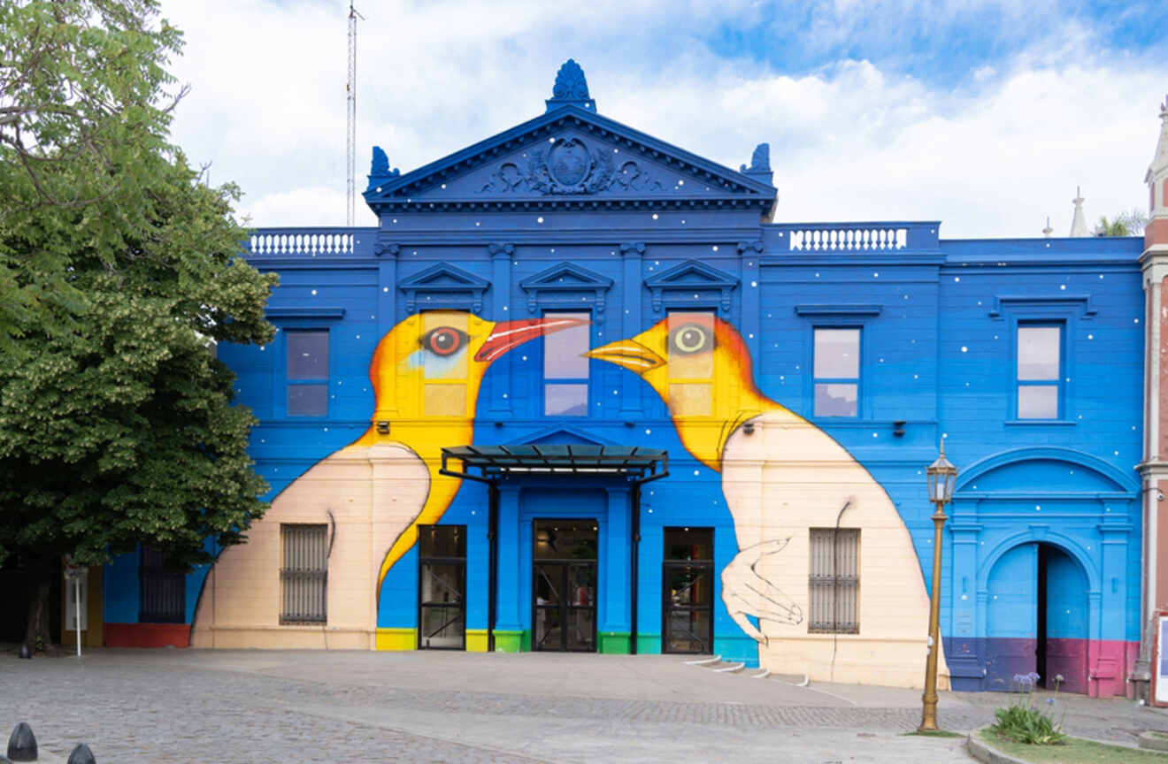 Colorful street art featuring two large birds on the facade of the blue building of the Centro Cultural Recoleta, adding a vibrant cultural dimension to the urban landscape of Buenos Aires