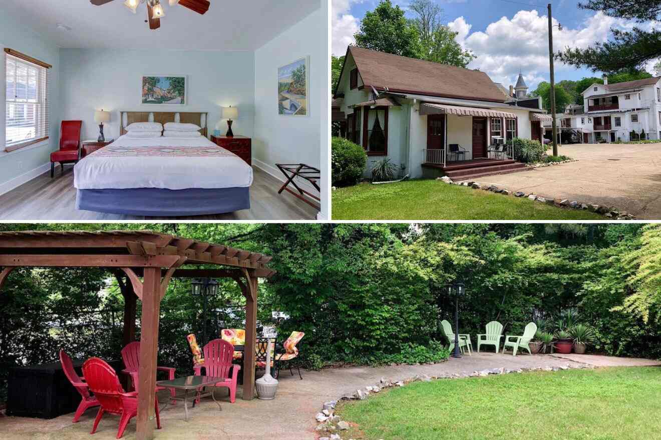 Collage of three hotel pictures: bedroom, hotel exterior, and garden with seating area