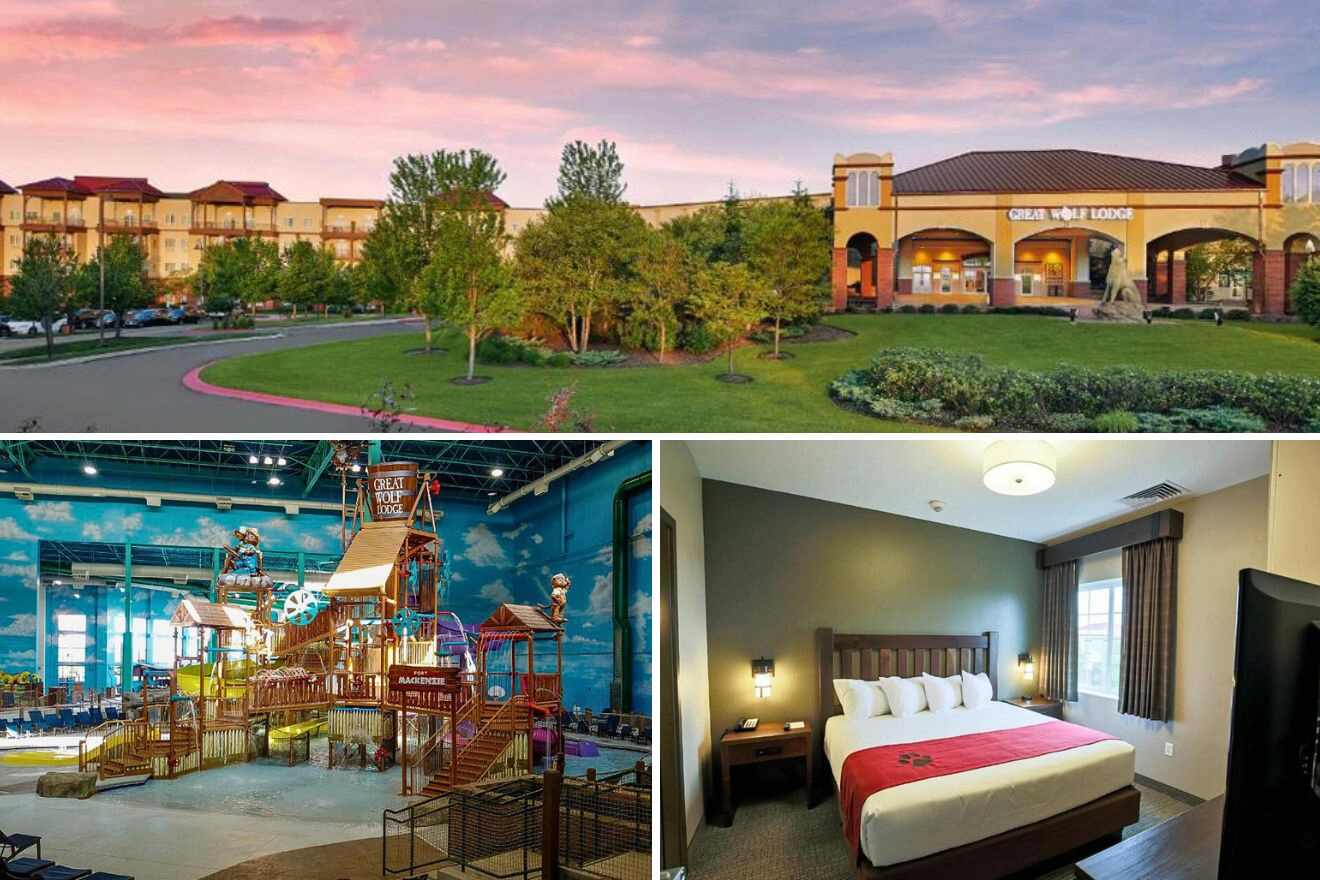 collage of 3 images with: bedroom, indoor waterpark and hotel's building