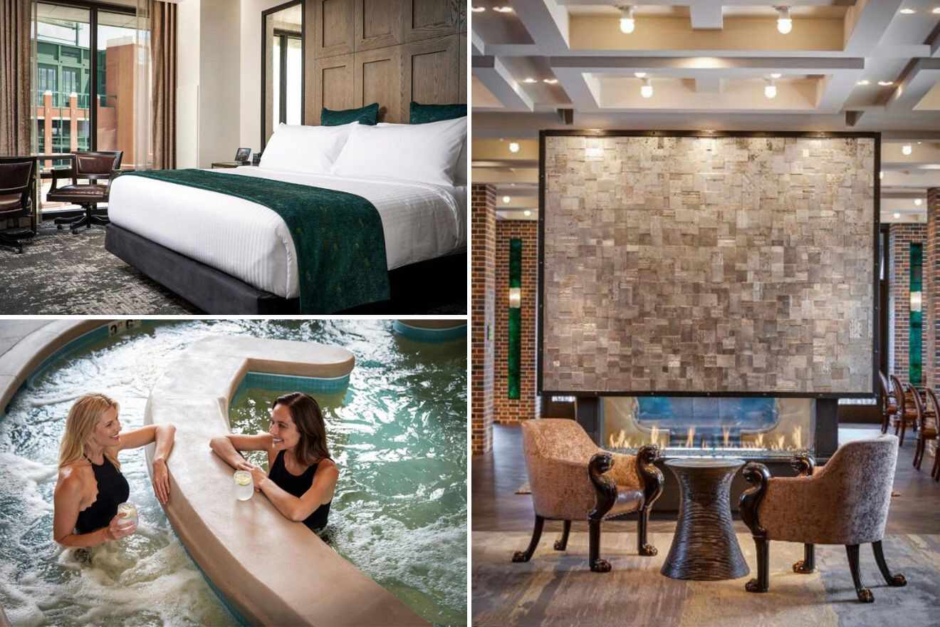collage of 3 images with: a bedroom, lounge and women having a drink in the pool