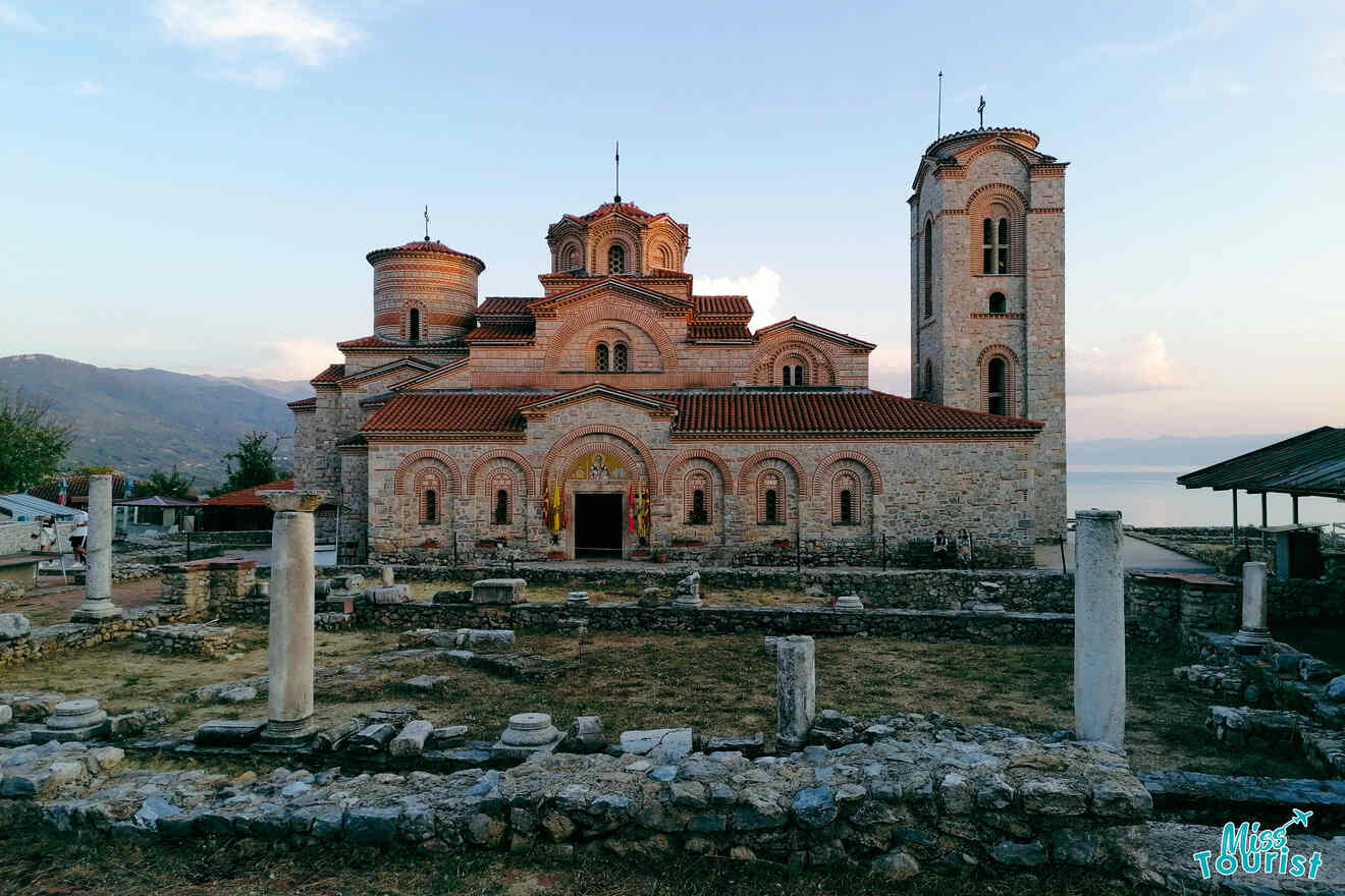view of the Church of St. Clement and Panteleimon in Ohrid with archeological findings in front of it