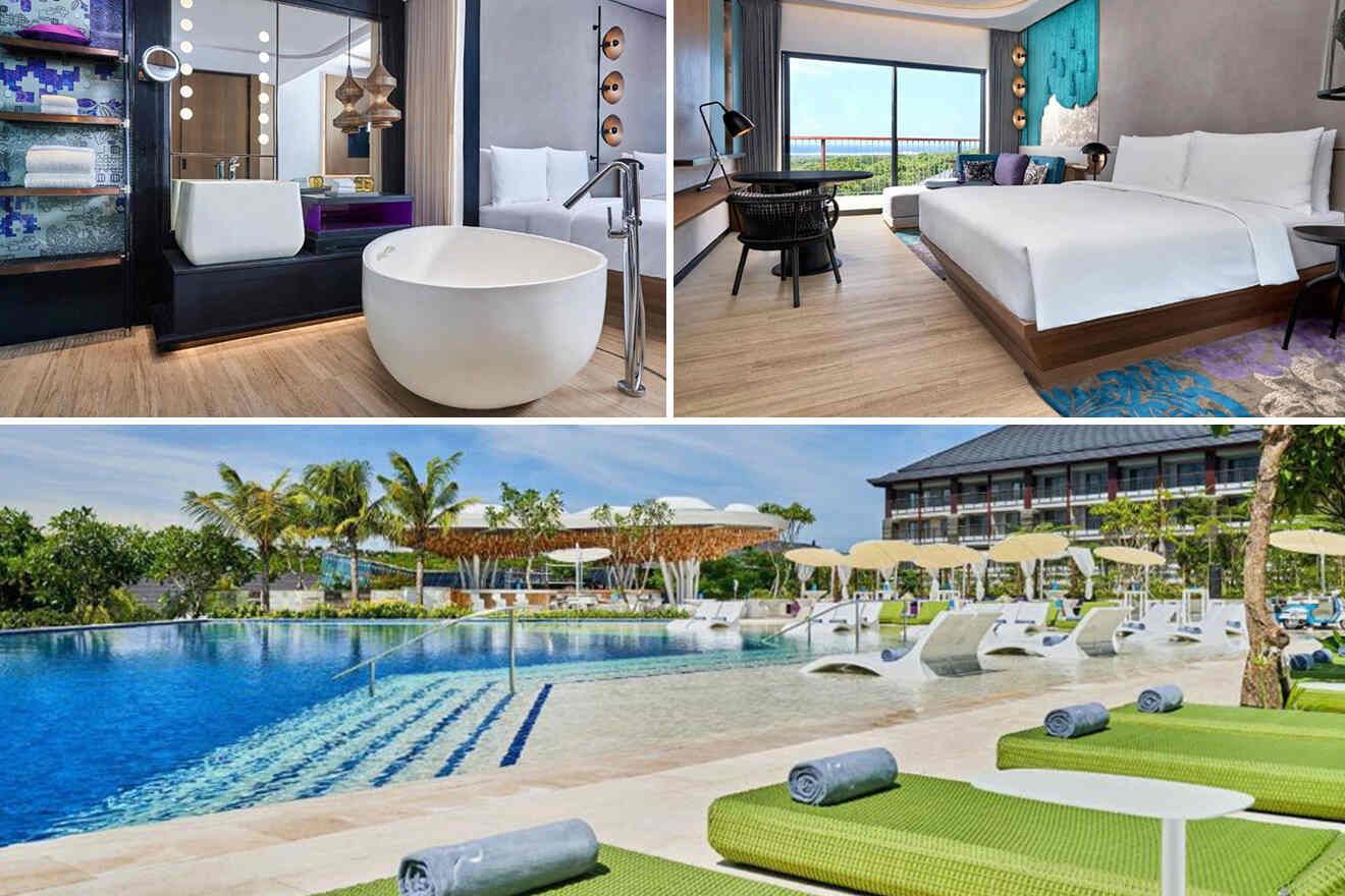 collage of 3 images with: a bedroom, bathroom and pool area