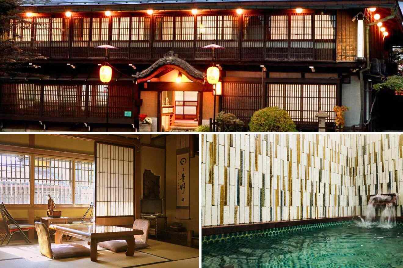 collage of 3 images with: ryokan building, private onsen and japanese bedroom