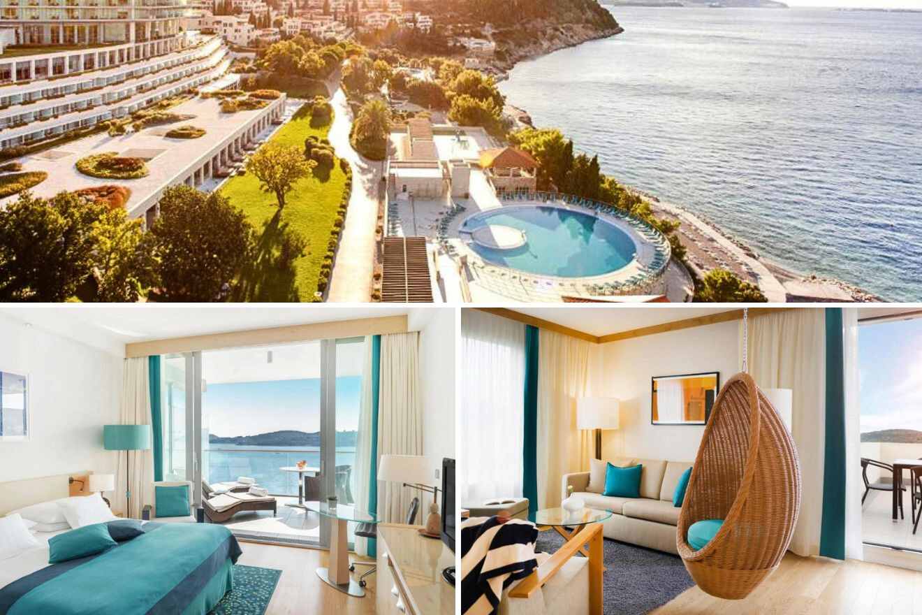 collage of 3 images with: aerial view over the resort, bedroom and lounge