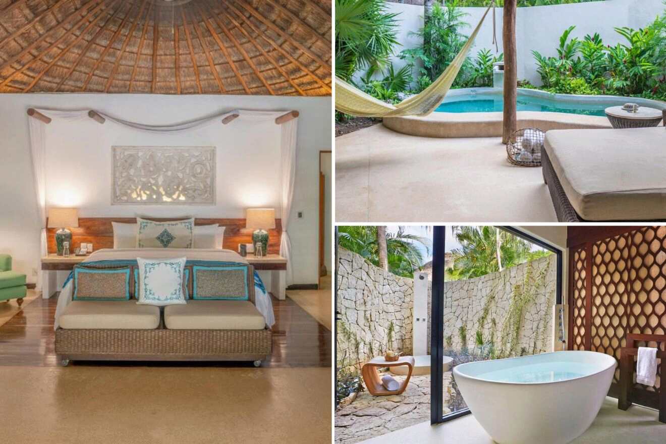 Collage of three hotel pictures: bedroom, outdoor private pool, and a bathtub