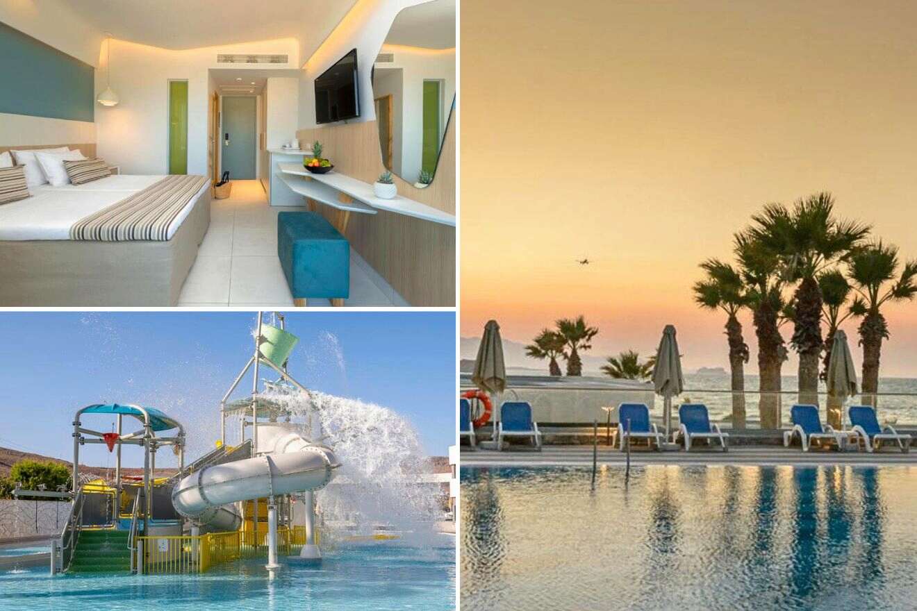collage of 3 images with: pool area, bedroom and waterslides