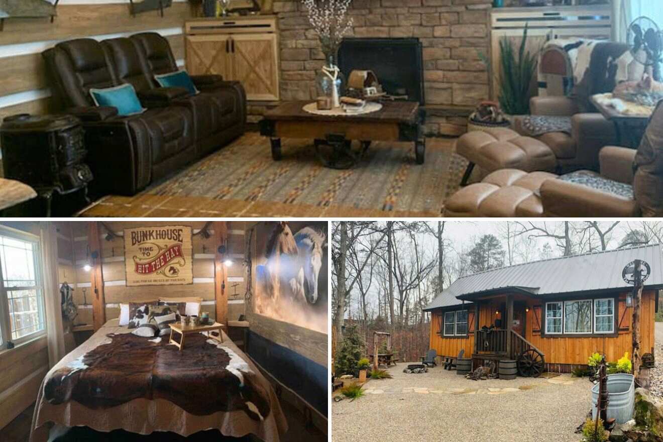 Collage of three cabin pictures: living room, bedroom, and cabin exterior