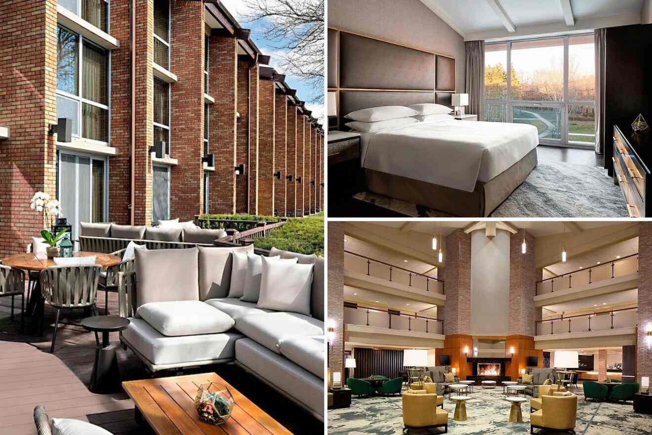 collage of 3 images with: bedroom, hotel's common lounge area and outdoor lounge