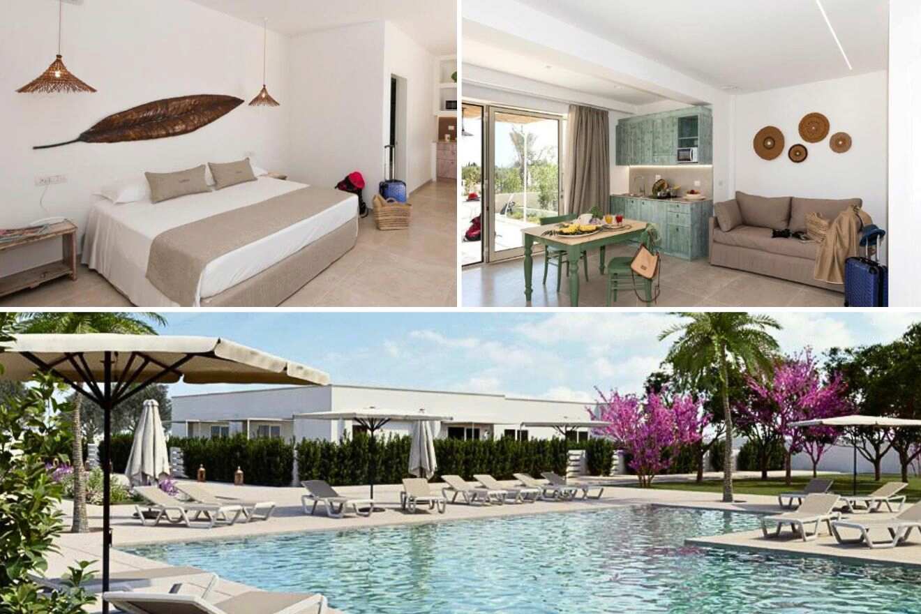 collage of 3 images with: bedroom, lounge, pool