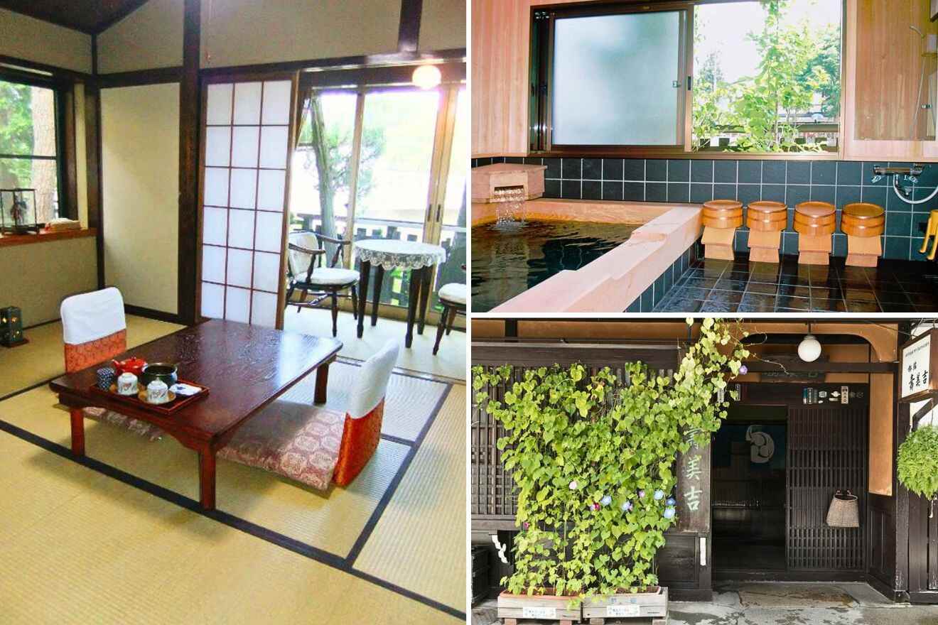 collage of 3 images with: ryokan building, private onsen and japanese bedroom