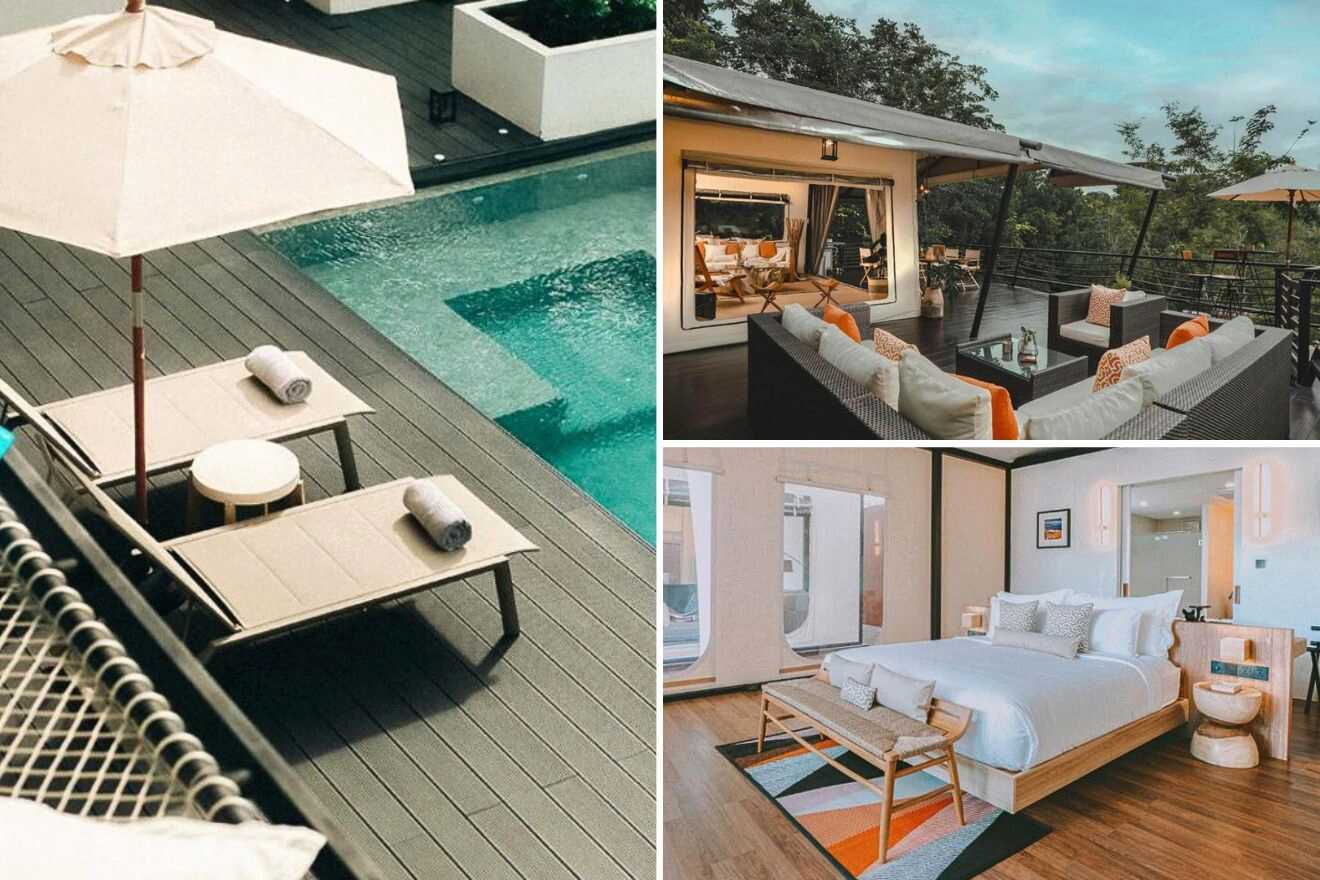 collage of 3 images with: lounge, bedroom and pool area