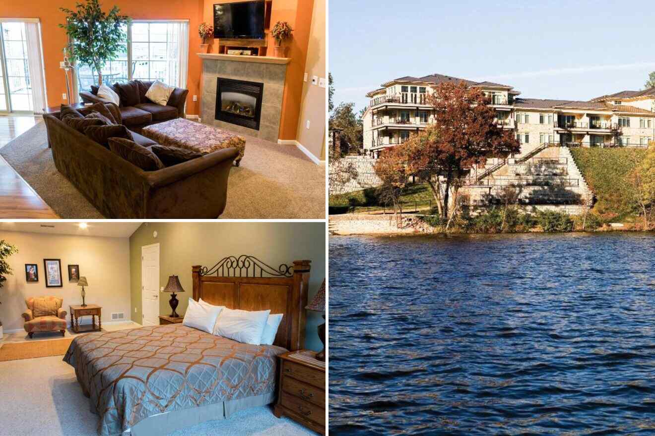 Collage of three hotel pictures: living room with fireplace, bedroom, and hotel exterior by a lake