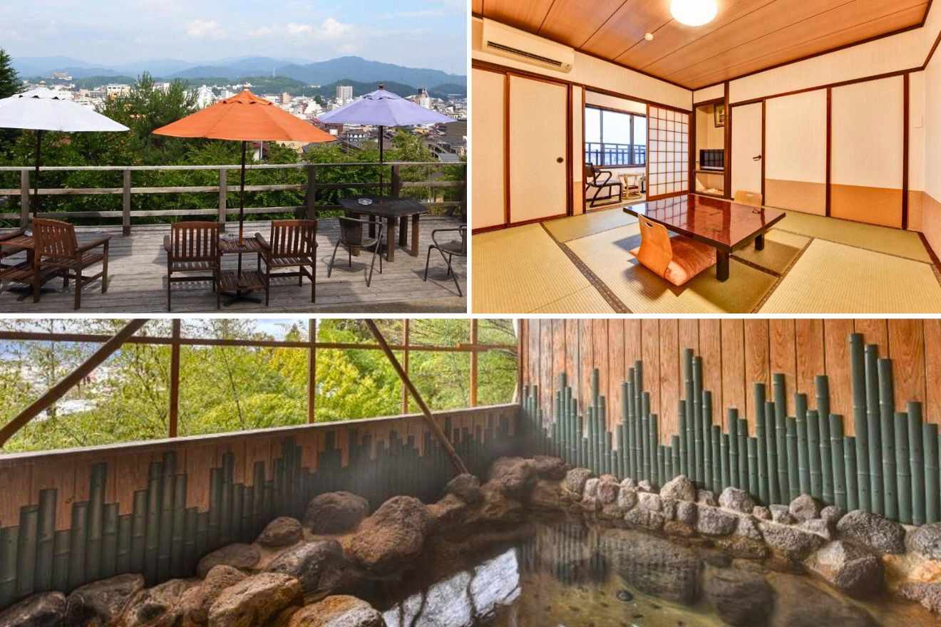 collage of 3 images with: lounge area on the terrace overlooking the city, private onsen and a japanese bedroom