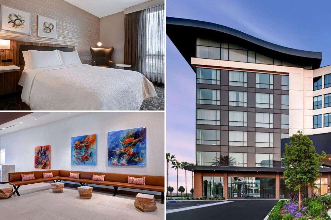 collage of 3 images with: bedroom, hotel's building and lounge