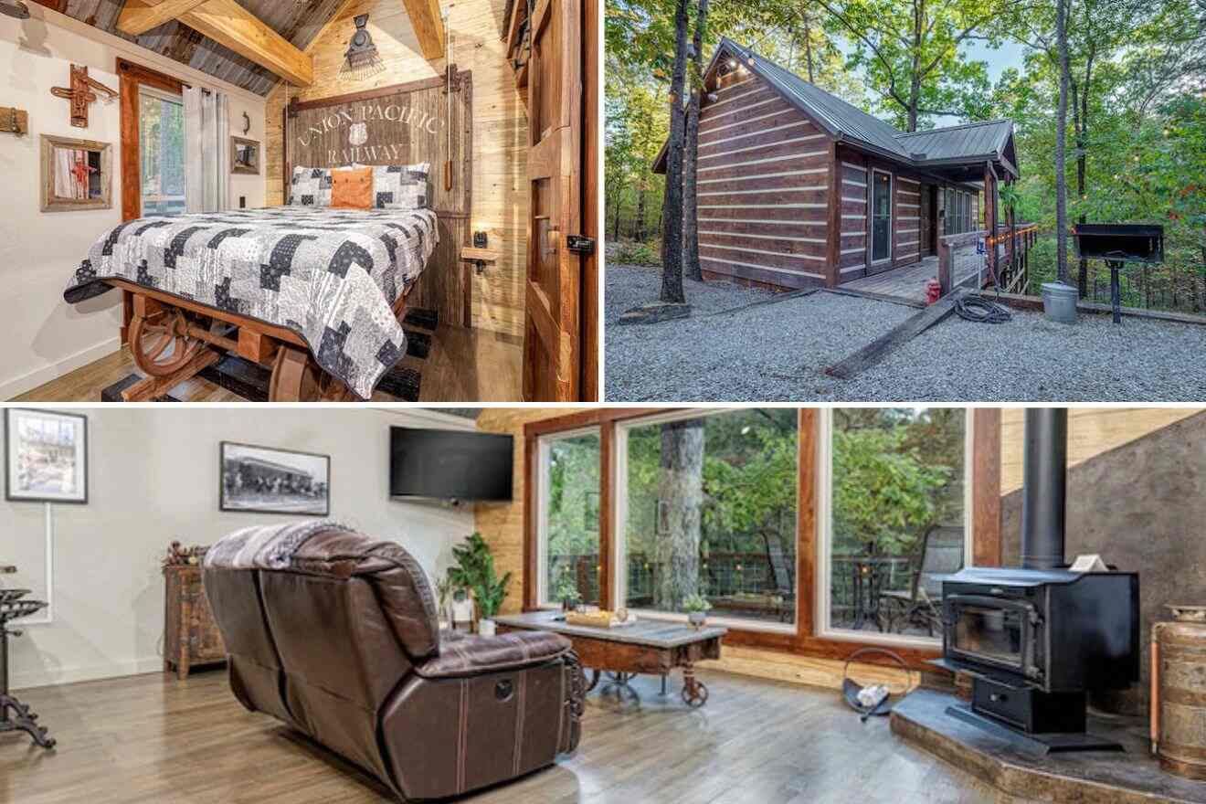 Collage of three cabin pictures: bedroom, cabin exterior, and living room