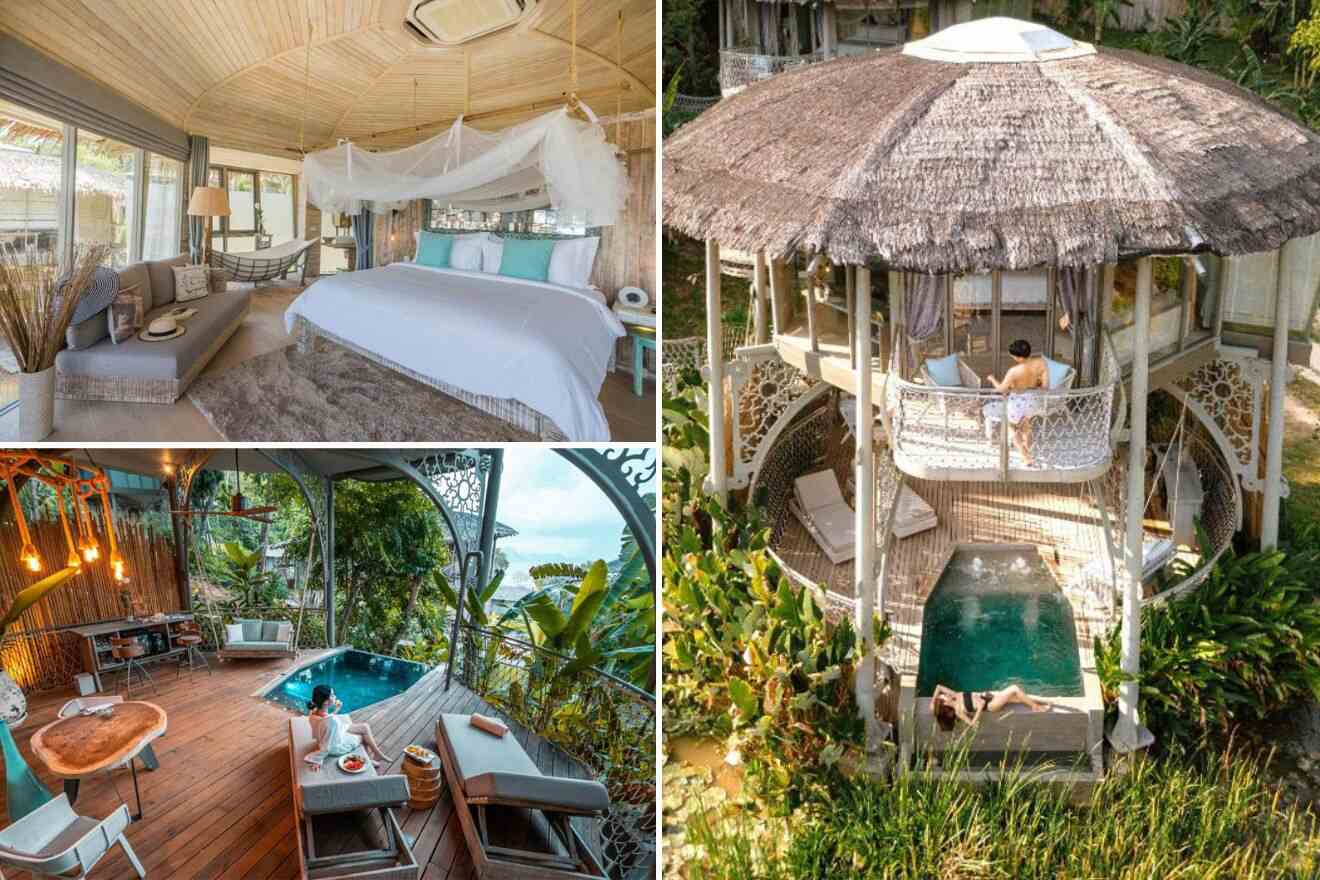 collage of 3 images with: woman sitting in a gazebo with a small pool , bedroom and pool area