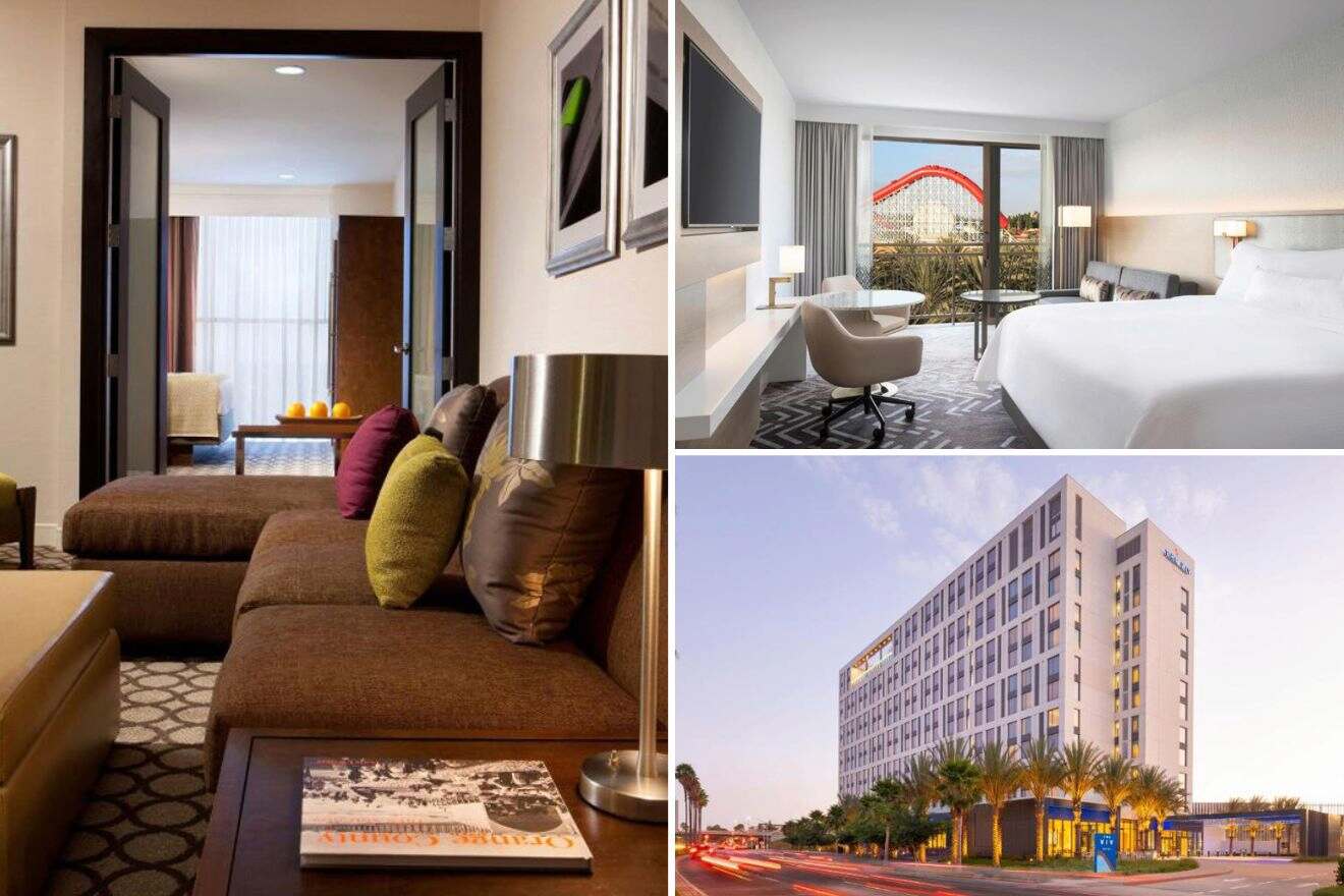 A collage of three hotel photos: lounge area, bedroom view a view, and hotel exterior