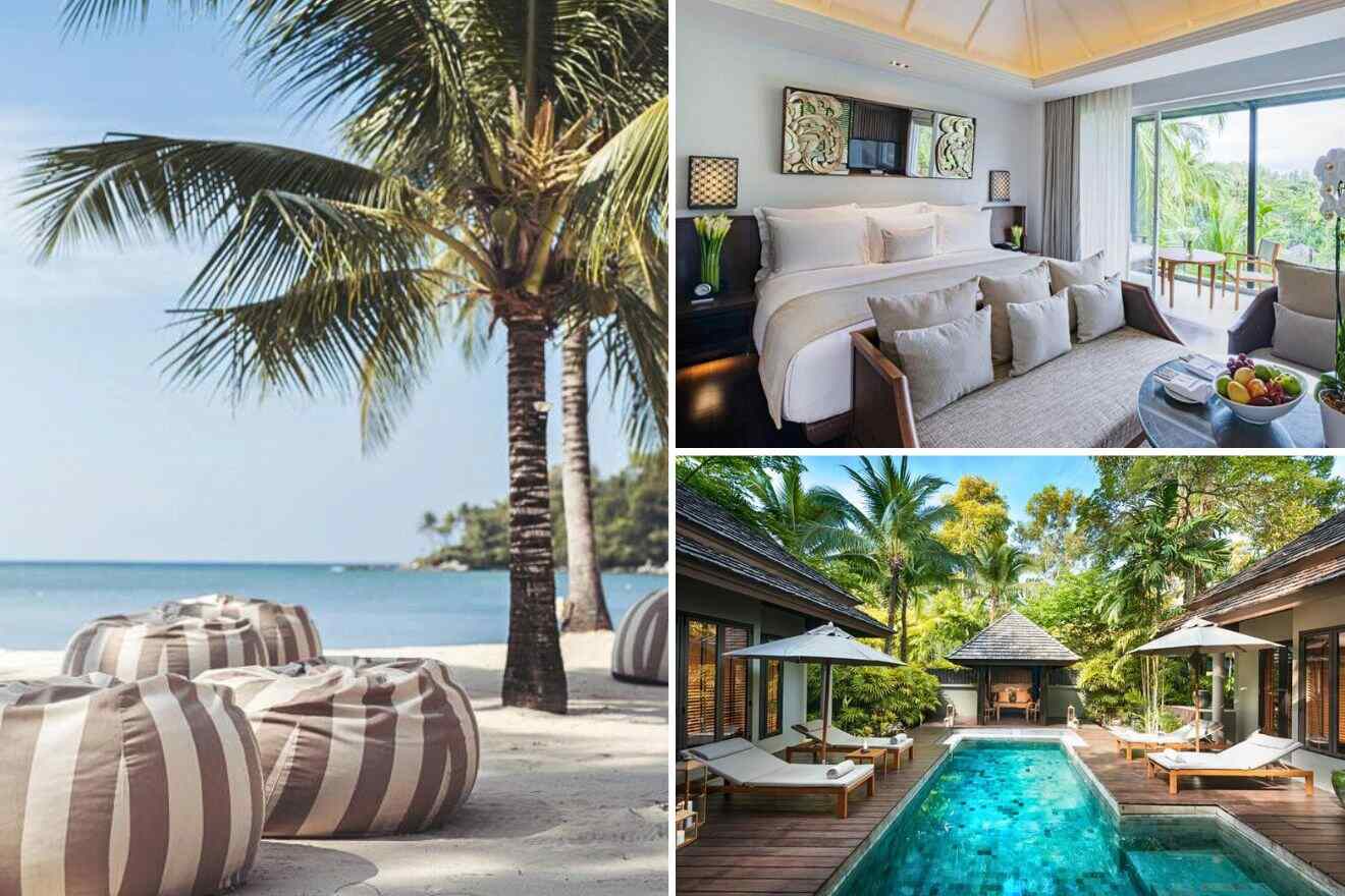 collage of 3 images with: a beach, bedroom and pool area