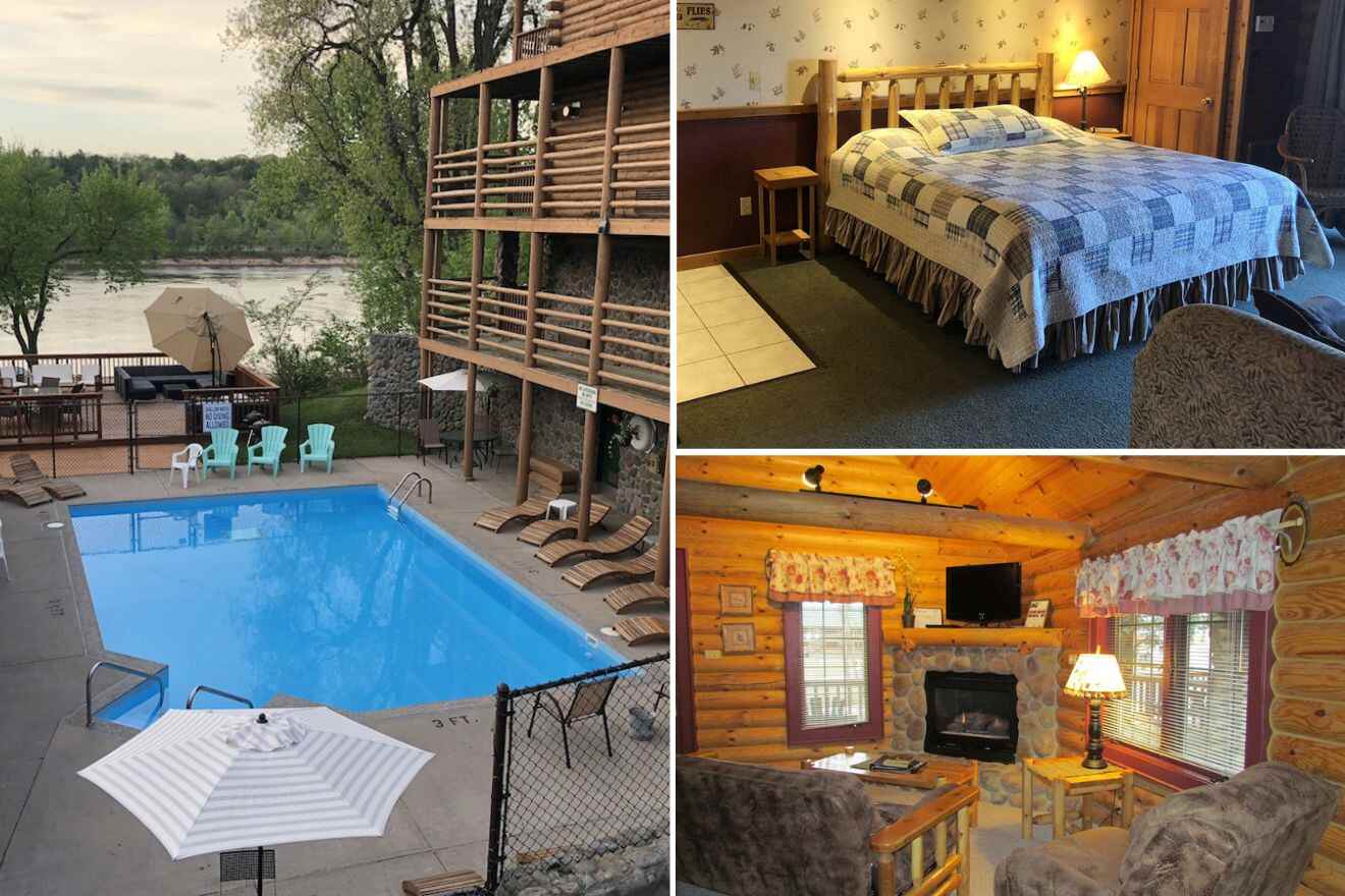 Collage of three hotel pictures: outdoor pool, bedroom, and living room with fireplace