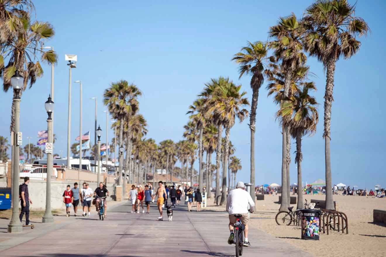 A group of people walking or biking down a beach with palm trees.