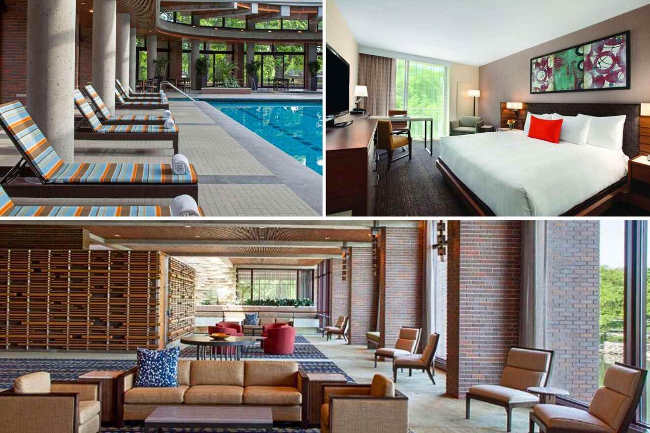 collage of 3 images with: bedroom, pool and lounge area