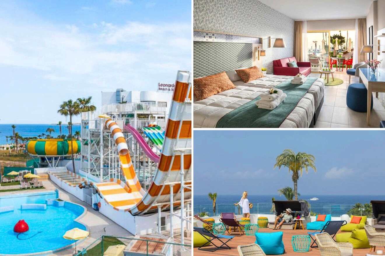 collage of 3 images with: pool area with waterslides, bedroom and lounge on the terrace with view over the sea