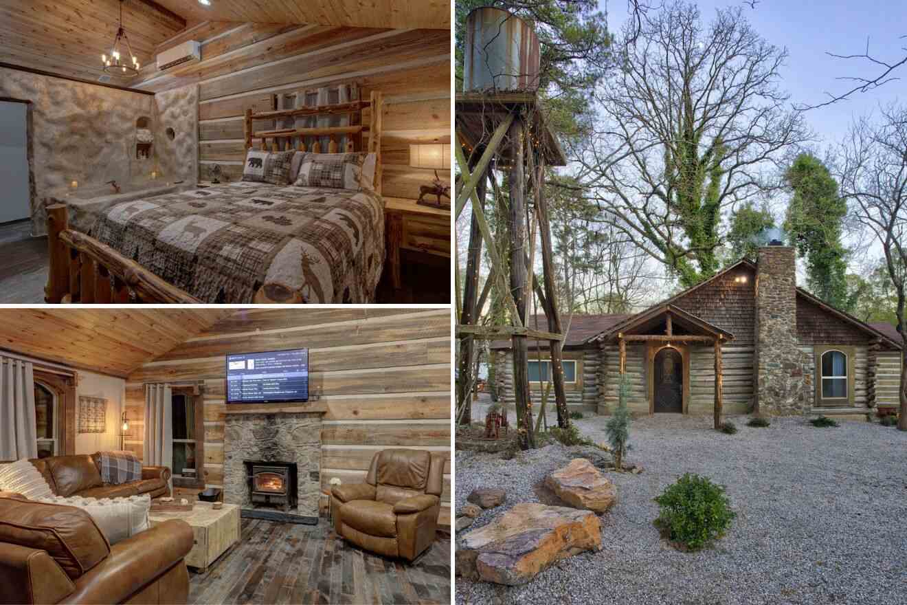 Collage of three cabin pictures: bedroom, living room, and cabin exterior