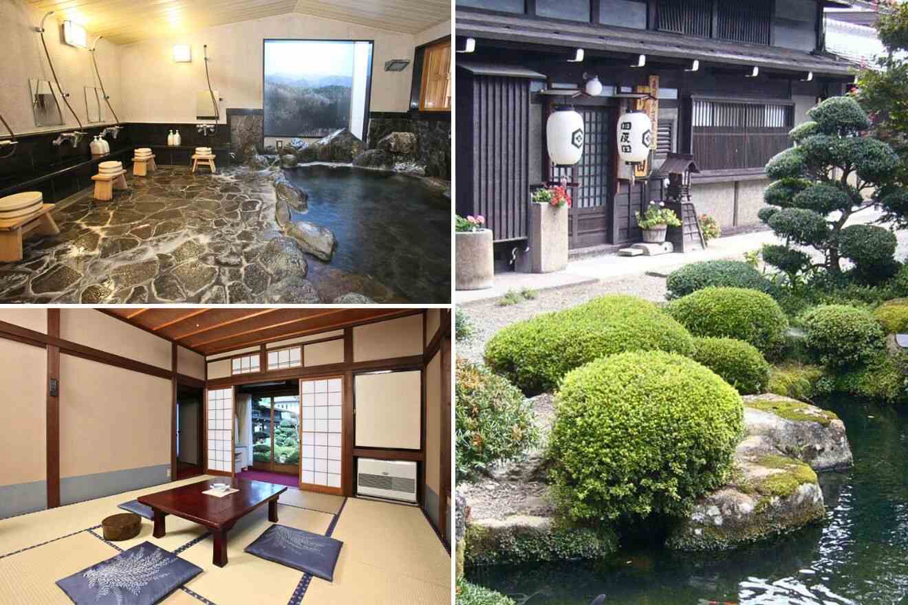 collage of 3 images with: hotel's garden, private onsen and japanese bedroom