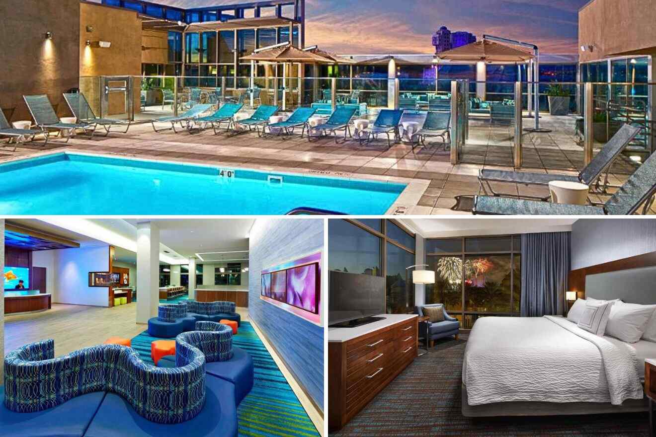 collage of 3 images with: bedroom, pool area and lounge