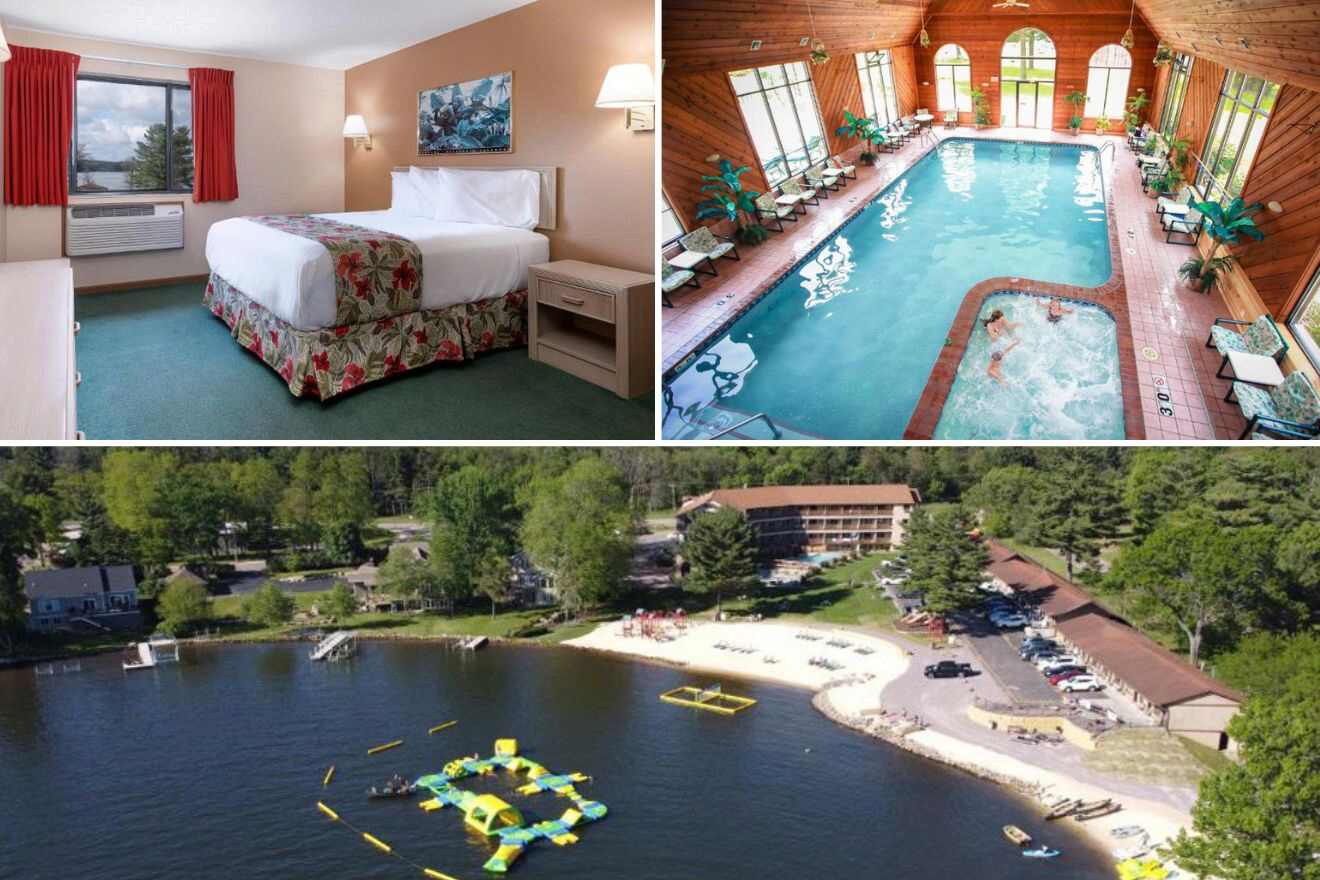 Collage of three hotel pictures: bedroom, indoor pool, and aerial view of hotel on the beach