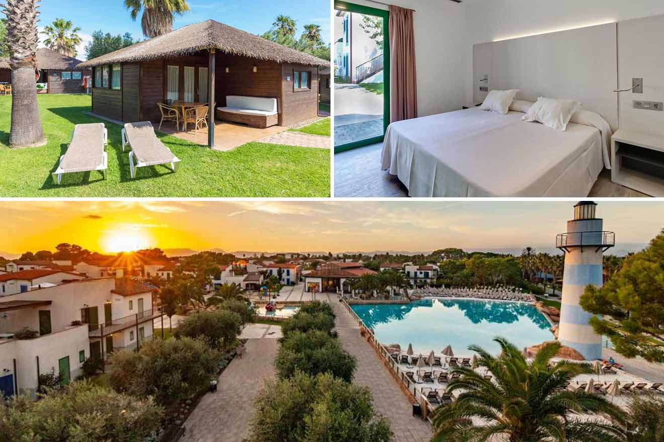 collage of 3 images with: a bedroom, bungalow and overview of the hotel with swimming pool and lighthouse on the sunset