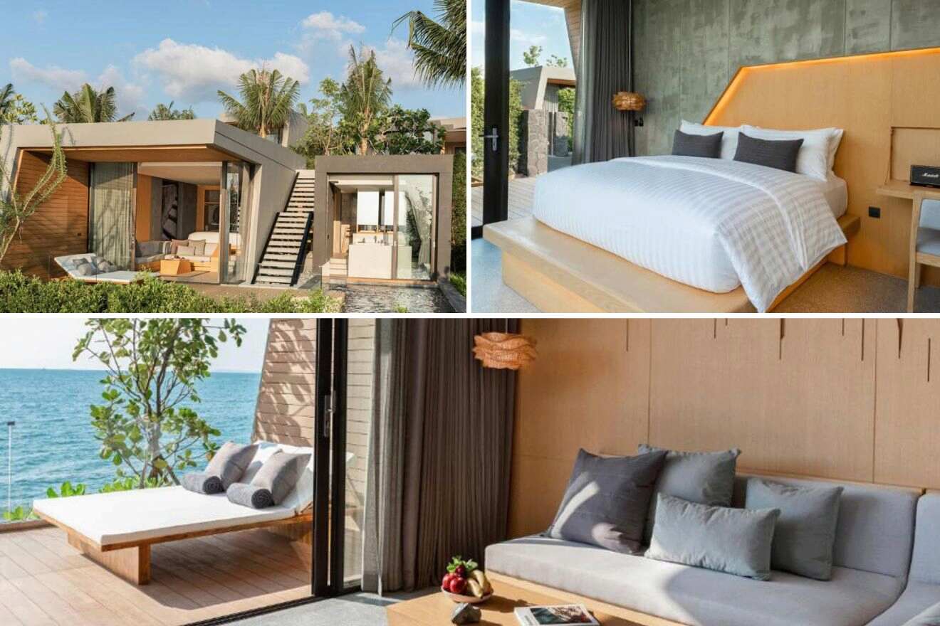 collage of 3 images with: hotel's building, bedroom and lounge by the terrace