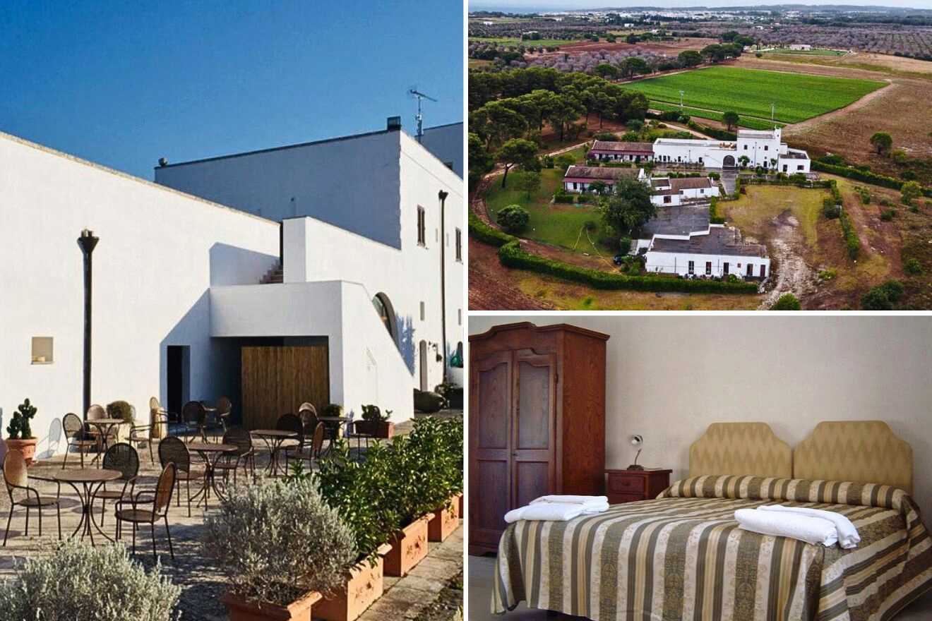 collage of 3 images with: bedroom, aerial view over the hotel, outdoor terrace