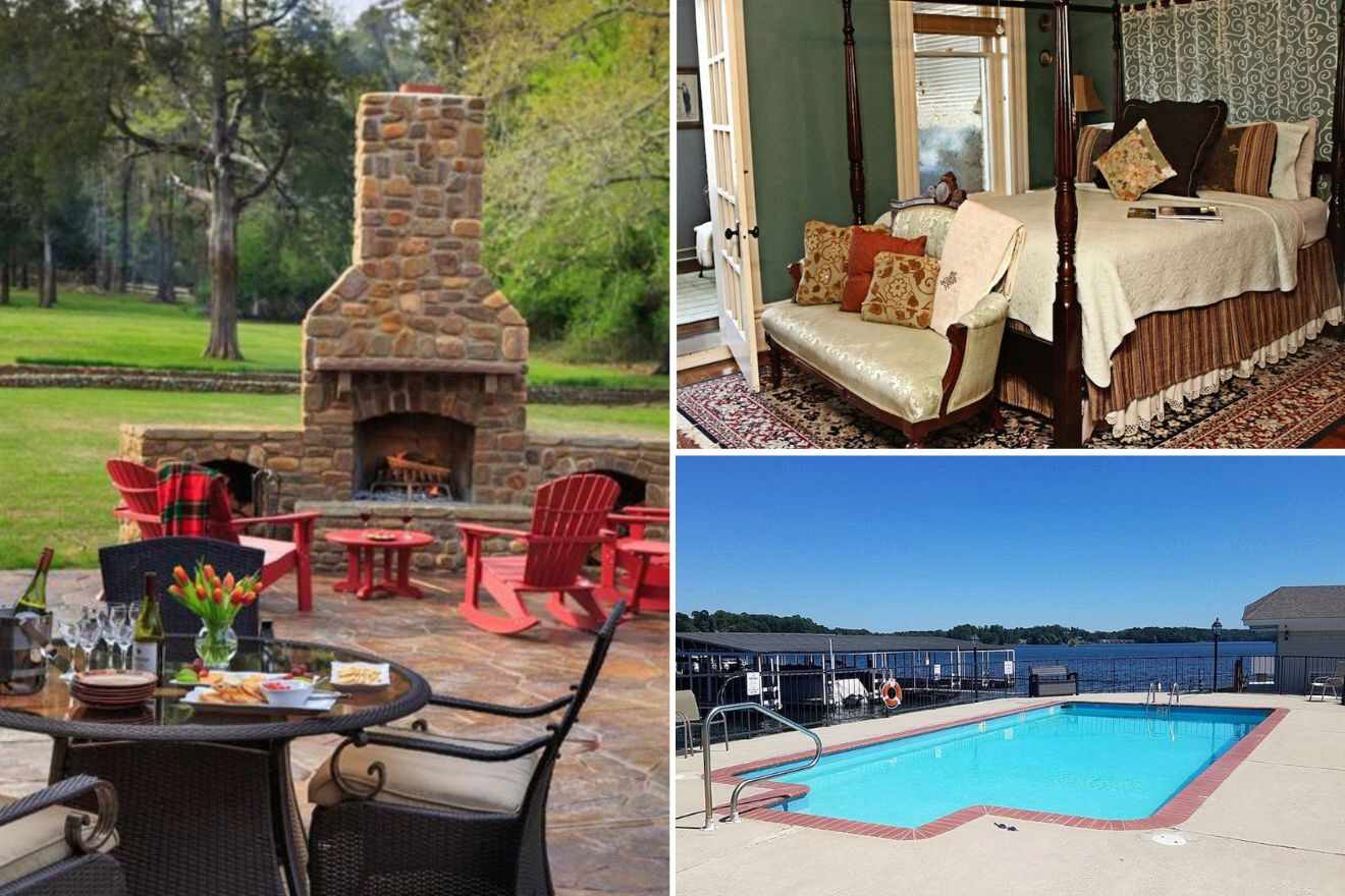 Collage of three hotel pictures: outdoor area with fireplace, bedroom, and outdoor pool