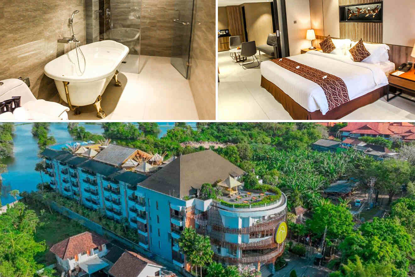 collage of 3 images with: a bedroom, bathroom and aerial view over a resort resort