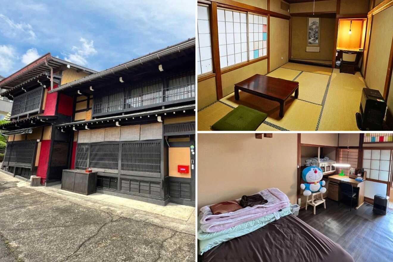 collage of 3 images with: ryokan building, bedroom with bed and desk and a japanese bedroom
