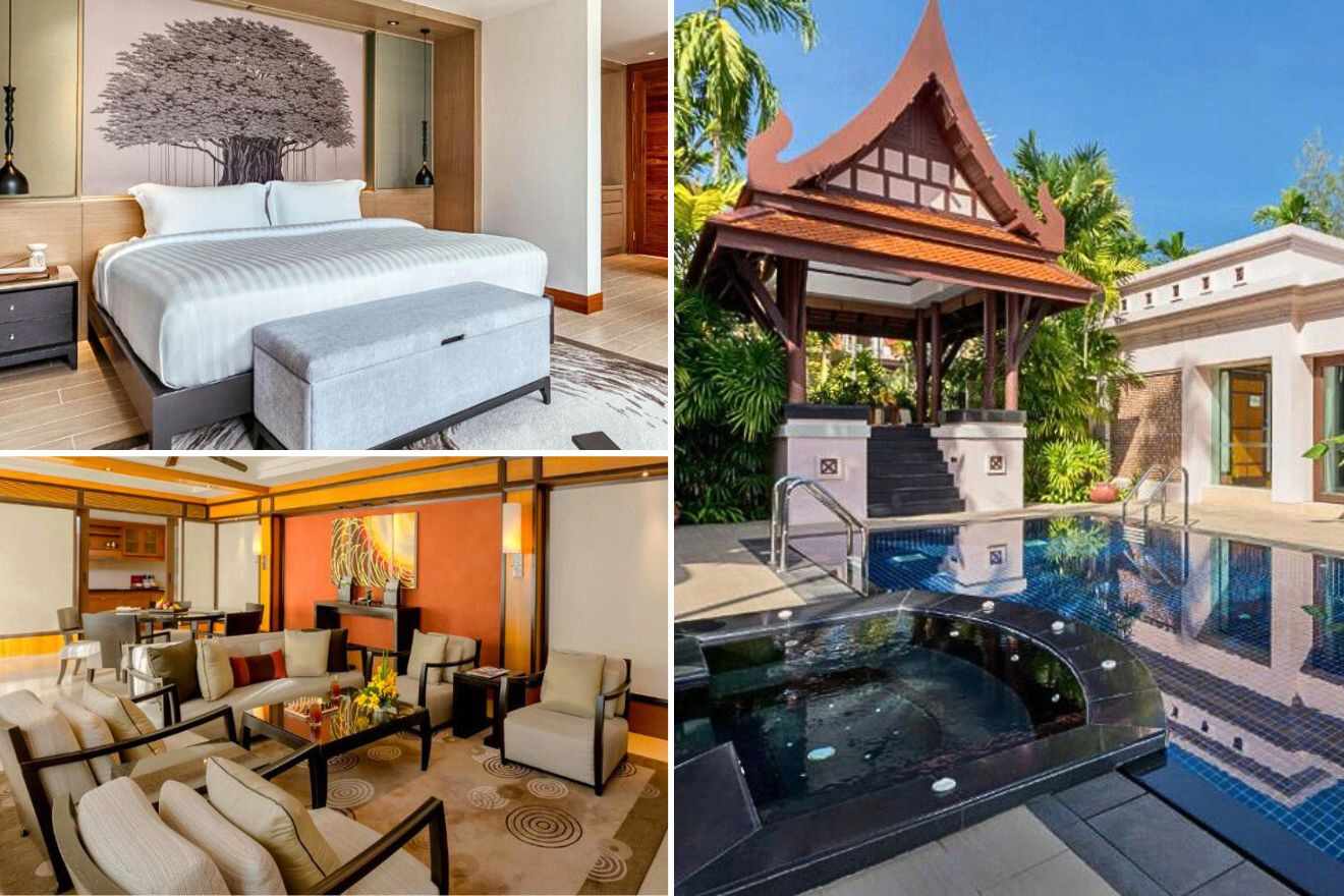 collage of 3 images with: lounge, bedroom and pool area