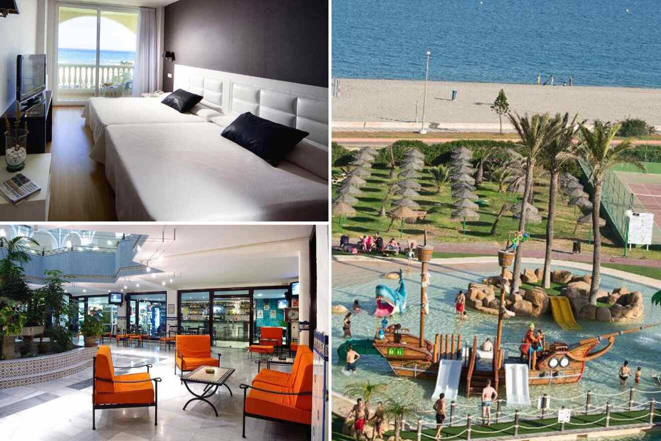 collage of 3 images with: pool area, bedroom and lounge on the hallway