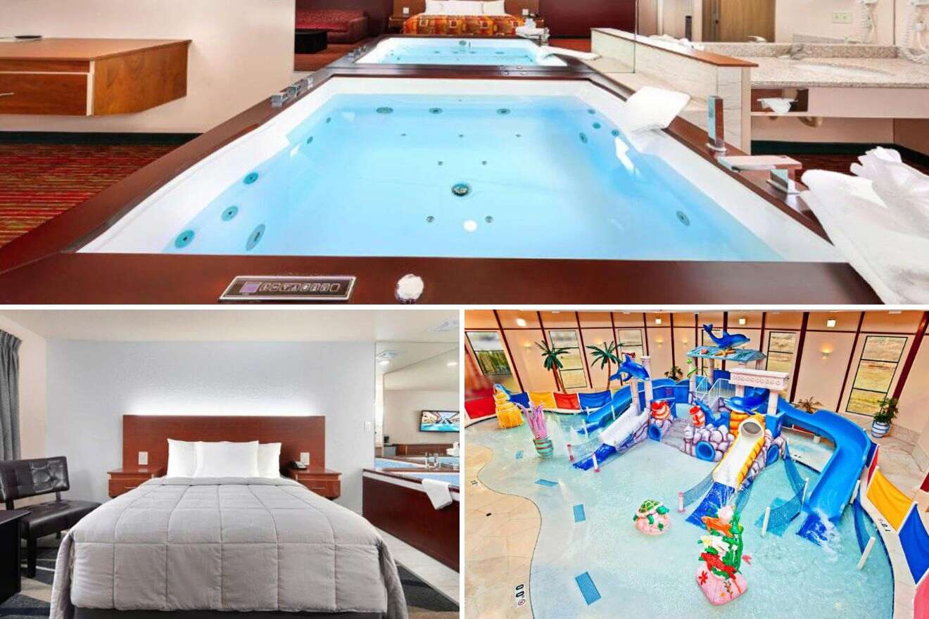 Collage of three hotel pictures: in-room jacuzzi, bedroom, and indoor waterpark