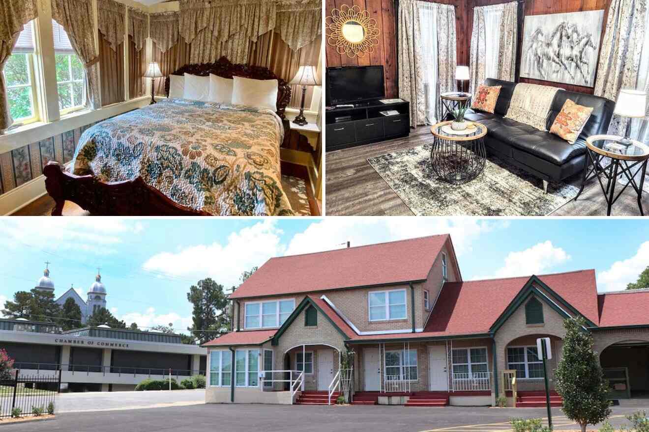 Collage of three hotel pictures: bedroom, living room, and hotel exterior