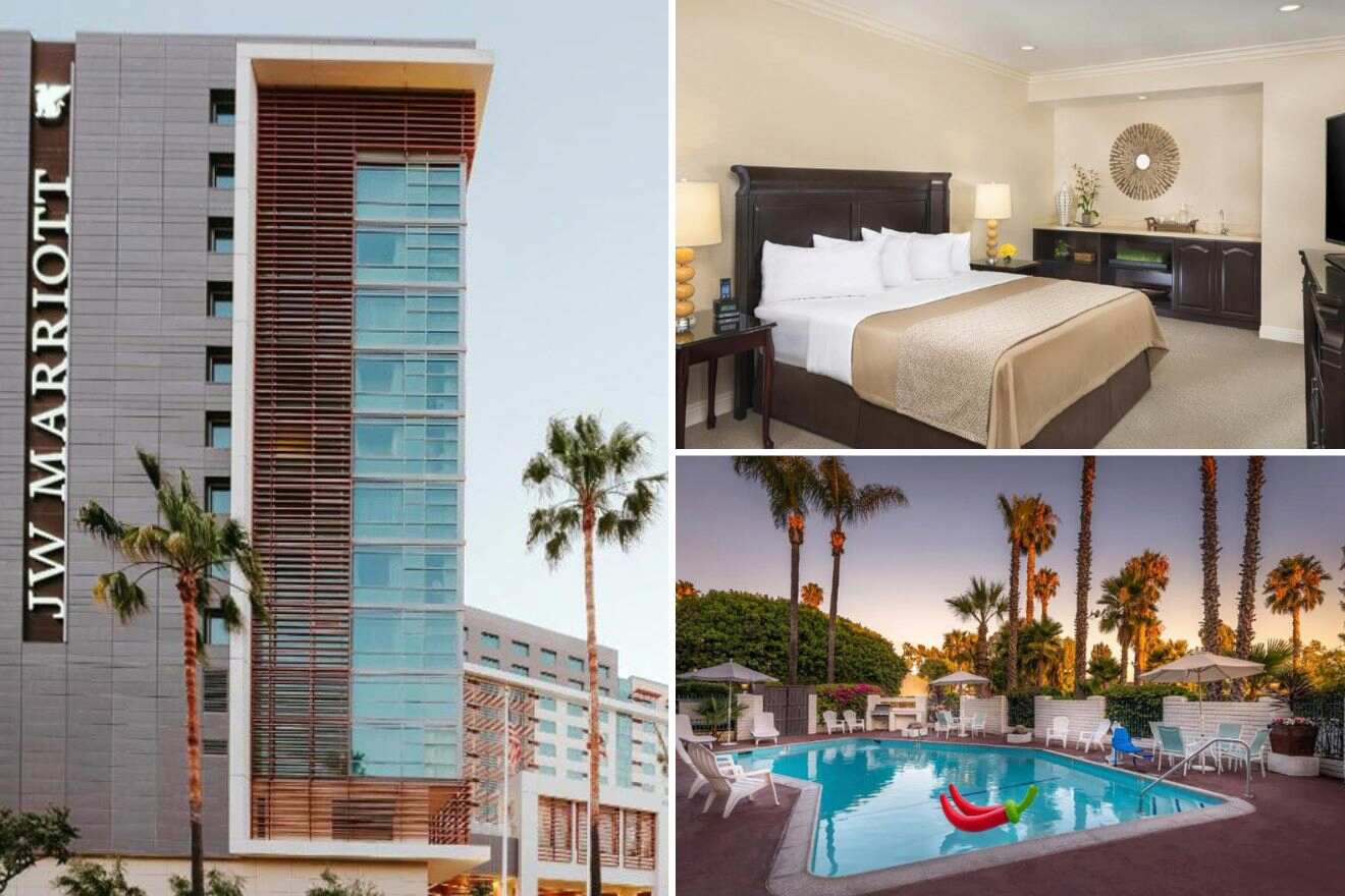 A collage of three hotel photos: hotel exterior, bedroom, and outdoor pool
