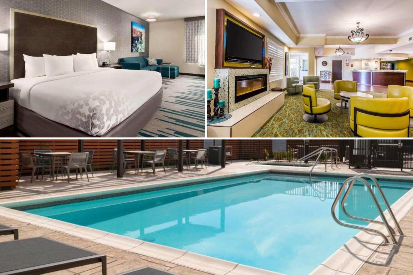 collage of three hotel photos: bedroom, lounge area, and outdoor pool